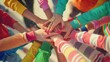 © Mark - People from diverse ethnicities and cultures clutching hands together. Community and cooperation concept of teamwork. Diverse culture. Racial equality. Oneness concept.