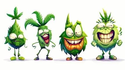 Poster - A set of Marijuana Leaf Cartoon Characters in modern form on a white background.