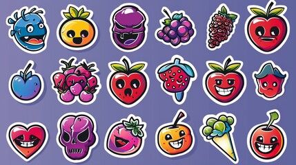 Poster - An illustration of a comic heart, a patch, the earth, berries, abstract faces, etc., along with a sticker pack of funny cartoon characters.