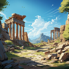 Wall Mural - there is a painting of a stone path with ruins in the background