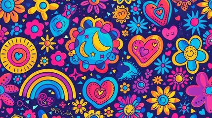 Wall Mural - Funny retro cartoon seamless pattern. Happy Earth, Peace, Love, rainbow, hearts, flowers, daisies. Vintage style in the 60s and 70s. Flower power vibe.