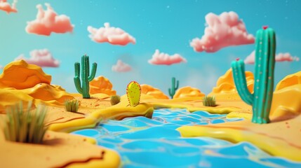 Wall Mural - Cartoon style desert background, style 3D, cactus, river.