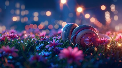 floral audio design with headphones laying in gras in a park