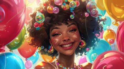 Wall Mural - Illustration created using generative AI of an African-American cartoon girl with Afro hairstyle and colorful accessories smiling happily in the middle of multicolored balloons