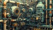 © IMG visuals AI - Intricate and detailed industrial machinery photo. Wall with variety of pipes, gauges, metal fittings image background wallpaper. Complex network of engineering concept picture realistic
