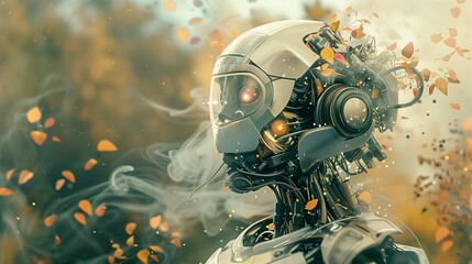 Wall Mural - Highly detailed robot head surrounded by autumn leaves image copy space. Blend of nature and advanced technology banner background blurred. Innovation concept photography copyspace