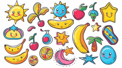 Wall Mural - A collection of 70s groovy elements. Cartoon characters, doodle smile faces, bananas, eggs, suns, skateboards, cherries, stars. A retro groovy hippie design for decorative purposes.