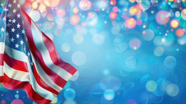 illustration of The American flag is waving in the wind with bokeh lights on a blue background
