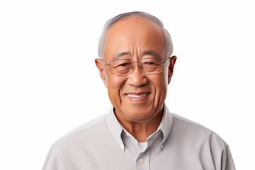 Wall Mural - Smiling senior asian man on white background. Topics related to old age. Asian. China. Japan. Retirement home. Retirement. Image for Graphic Designer. Senior residence. AI.