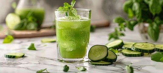 Sticker - Rejuvenate your morning routine with a glass of crisp cucumber juice on a marble countertop. Concept Healthy Breakfast.