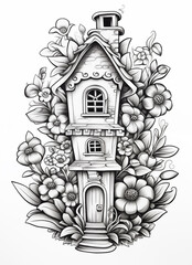 Wall Mural - a drawing of a house with flowers and a clock on top