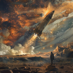 Wall Mural - spaceship flying through the sky with a man standing in front of it