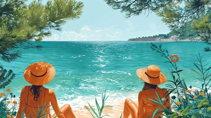 Summer beach posters set. People enjoying vacation by sea, sunbathing, swimming and relaxing. Tourists at leisure, rest and recreation at seaside resort, holiday card. Flat vector illustration