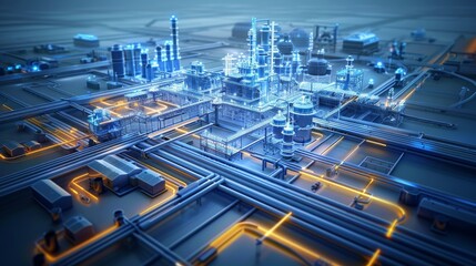 Aufkleber - A 3D-style smart factory blue and white scheme smart factory, Data visualization Including automation equipment, AGV, warehousing equipment, factory workshop, environmental facilities. Generative AI.
