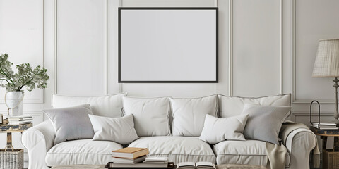 Wall Mural - there is a white couch with pillows and a coffee table