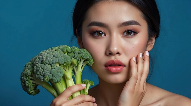 Beautiful attractive asian woman model sad expression eating broccoli