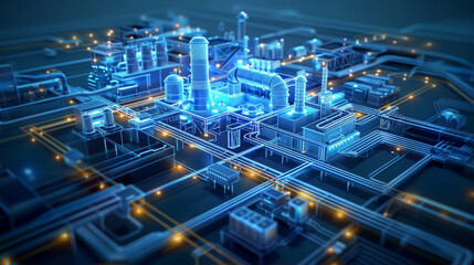 Aufkleber - A 3D-style smart factory blue and white scheme smart factory, Data visualization Including automation equipment, AGV, warehousing equipment, factory workshop, environmental facilities. Generative AI.