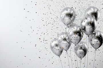 Sticker - This 3D realistic illustration shows luxury silver foil balloons in a white background with confetti and festive ribbon.