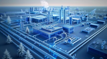 Aufkleber - A 3D-style smart factory blue and white scheme smart factory, Data visualization Including automation equipment, AGV, warehousing equipment, factory workshop, environmental facilities. Generative AI.