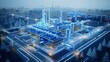 © visoot - A 3D-style smart factory blue and white scheme smart factory, Data visualization Including automation equipment, AGV, warehousing equipment, factory workshop, environmental facilities. Generative AI.