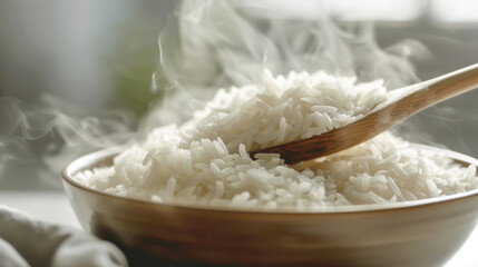 A bowl of white rice with steam rising from it