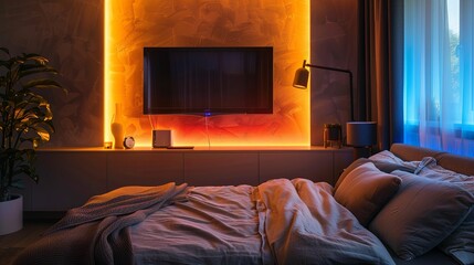 Poster - Turn your bedroom into a sleek relaxation zone with a smart TV and LED strips installed behind the headboard