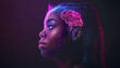 © Nadtochiy - A woman with an electric blue brain performs at a violet event as a music artist