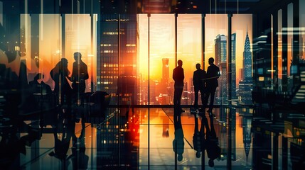 Blurred silhouettes of business professionals in a meeting room, with a large window showing a city skyline