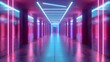 © Lucy - Futuristic Sci-Fi Interior with Blue and Pink and Purple Neon Lights, Spaceship Corridor Design, Product Background