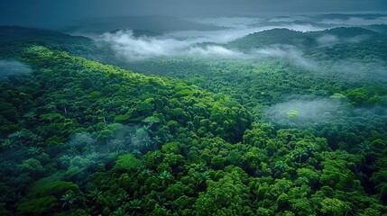 Wall Mural - Aerial view of a lush, green rainforest with mist and fog enveloping the dense canopy, creating a serene and mysterious atmosphere.