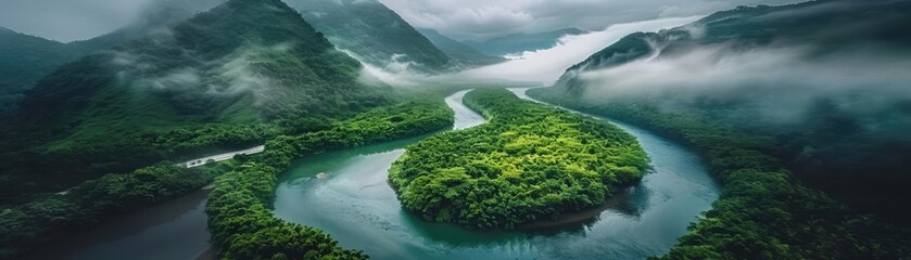 Aerial view of a lush, green island surrounded by a winding river and mist-covered mountains, creating a serene and mystical landscape.