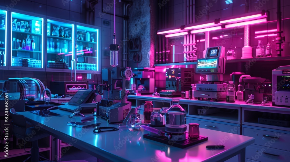 A neon colored lab with a white table and a few items on it