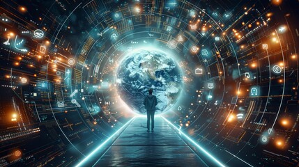 Leinwandbilder - A concept of a person internet surfing, enveloped by a futuristic vortex of digital data and social media symbols circling around Earth. Generative AI.