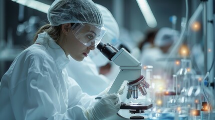 Poster - Scientists working in a high-tech biotech laboratory, examining samples under a microscope. Generative AI.