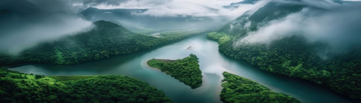 Aerial view of a serene river winding through lush, green mountains shrouded in mist, creating a tranquil and enchanting natural landscape.