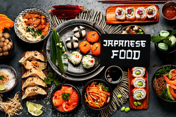 Sticker - .Traditional Japanese food dishes served on the table.