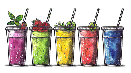 Wall Mural - Smoothies in different cups. Superfoods and health or detox diet food concept in sketch style