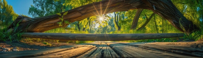 Poster - Wooden bridge in lush green forest with sunlight shining through trees, creating a peaceful and serene nature scene on a sunny day.