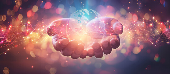 Abstract palm hands holding global network connection. Hands of Global Connectivity