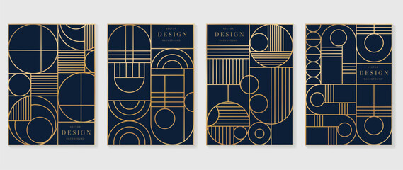 Wall Mural - Geometric line pattern poster design vector. Set invitation card of abstract art decor design on dark blue background. Use for wedding invitation, cover, VIP card, print, gala, wallpaper.