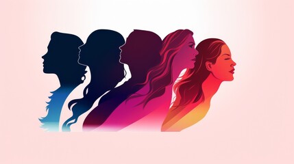 Wall Mural - Female community that helps women to be empowered, talk, share ideas. social network communication group of multiethnic diversity women and girls. vector illustration abstract face silhouette profile