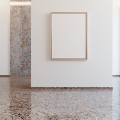 3D rendered mockup of a blank frame on a white wall in an empty room with granite floor. High-definition image.