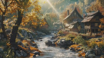 Wall Mural - the beauty of the village and the rocky river . seamless looping time-lapse virtual video Animation Background.