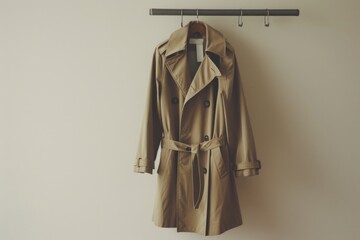 a tan trench coat hanging neatly on a wall. suitable for fashion or interior design concepts