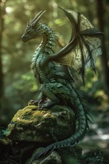 Wall Mural - A majestic green dragon perched on a rock in a forest. Perfect for fantasy or mythical themed designs