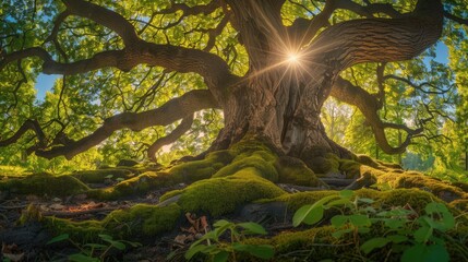 Poster - Majestic ancient tree with sprawling branches and moss-covered roots, bathed in sunlight filtering through lush green foliage.