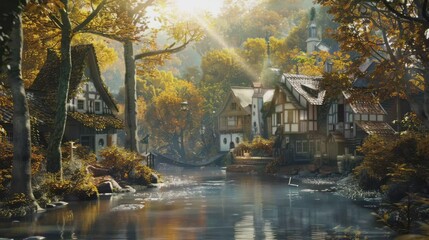 Wall Mural - the beauty of the village and the river . seamless looping time-lapse virtual video Animation Background.