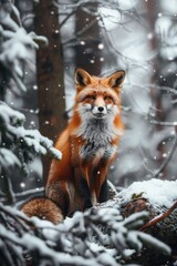 Canvas Print - A majestic red fox sitting on top of a snow covered tree. Perfect for winter themed designs