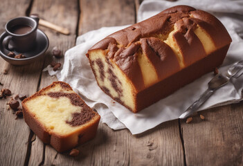 Wall Mural - Delicious homemade marble pound cake on wooden background, top view
