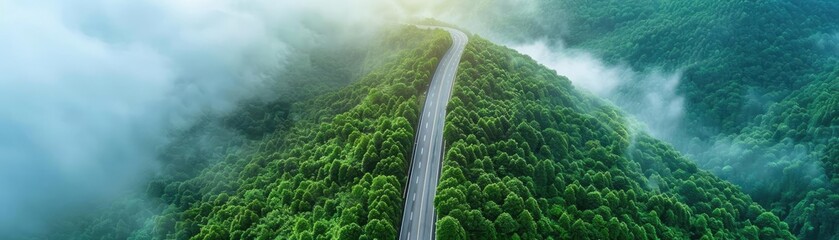 Poster - Aerial view of a winding road through lush green forest with morning fog creating a serene and mystical landscape.